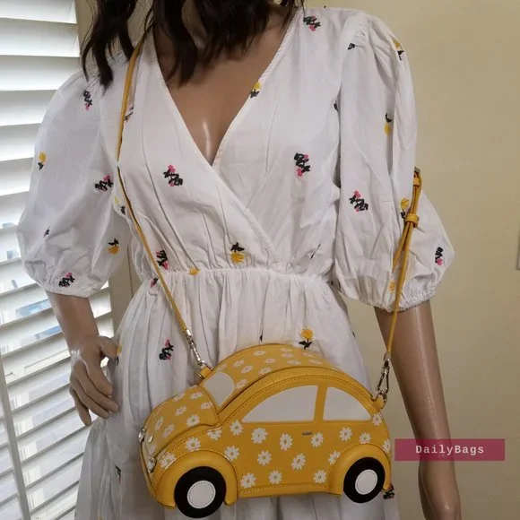 BEAUTIFUL BAG KATE SPADE BEEP BEEP BEETLE FLORAL WHITE YELLOW CAR CROSSBODY - Picture 5 of 12